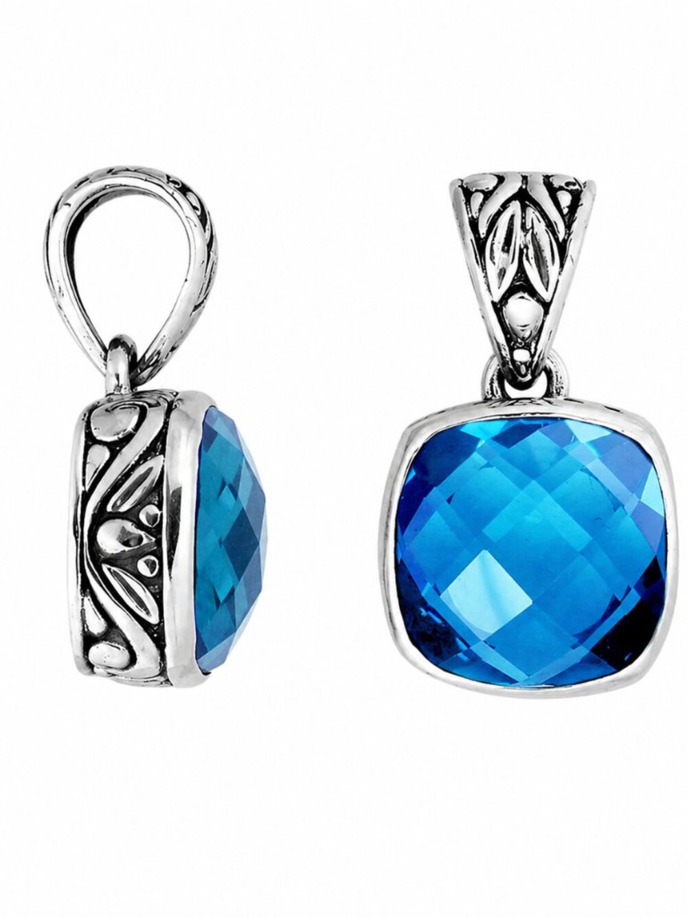 Bali 925 Sterling Silver London Blue Topaz Pendant Cushion Cut Artisan
